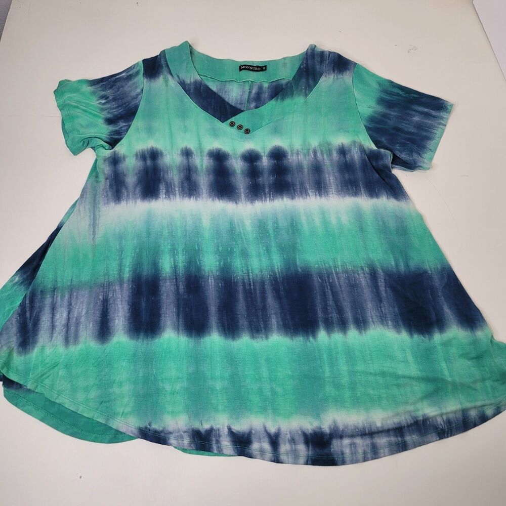 Monnuro 4X Green Navy Tie Dye Swing Tunic Top V Neck Soft Stretch